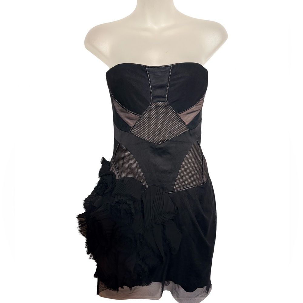 BCBG Max Azria Runway Black Strapless Mesh Corset Dress 3D Floral Size 8 Rare